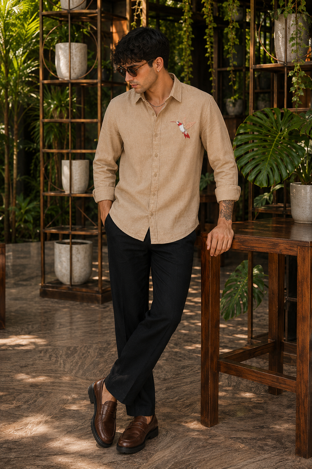 Riviera Urban Hummingbird Embroidered Shirt – Earth Brown