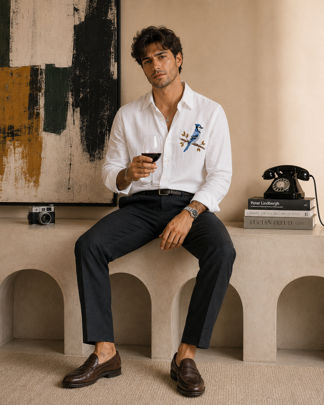 Goamen Blue Sparrow White Linen Shirt