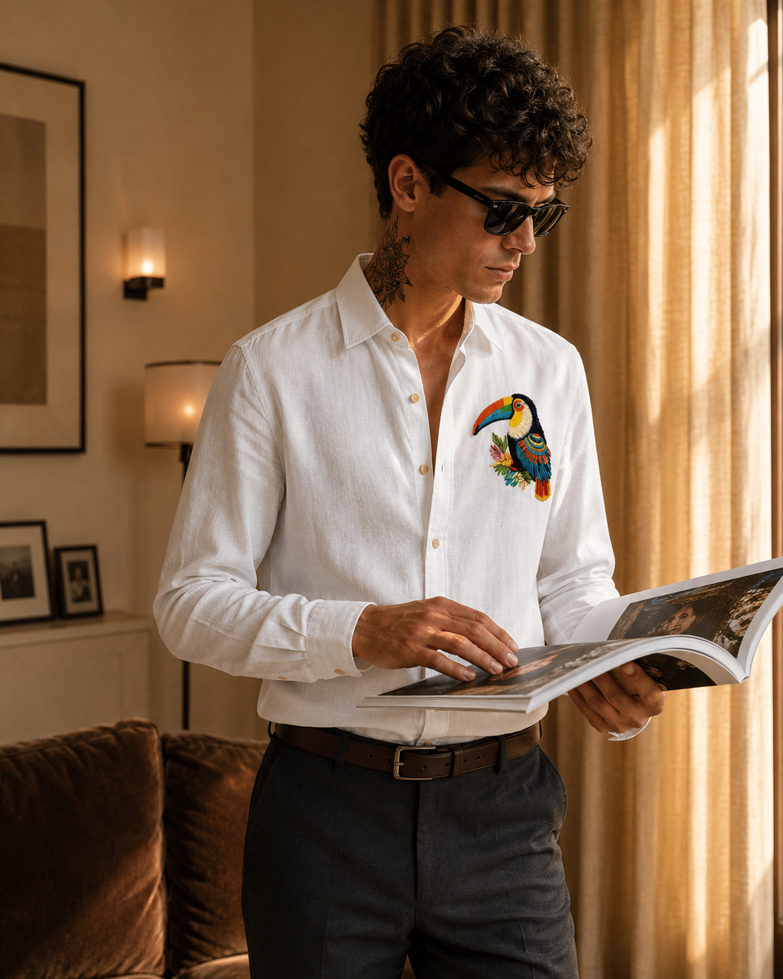 Goamen Tropical Toucan White Linen Shirt