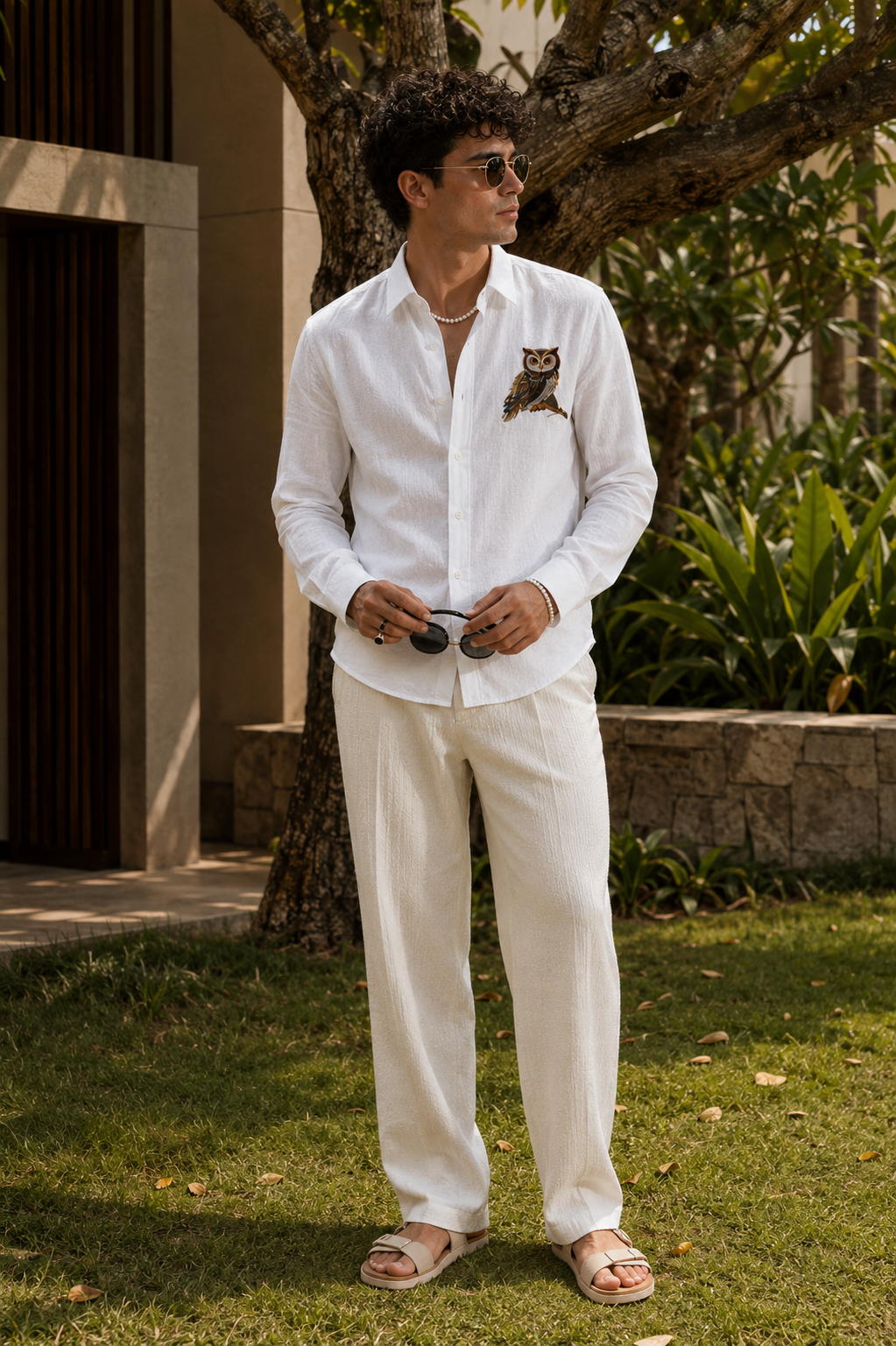 Goamen Royal Owl White Linen Shirt