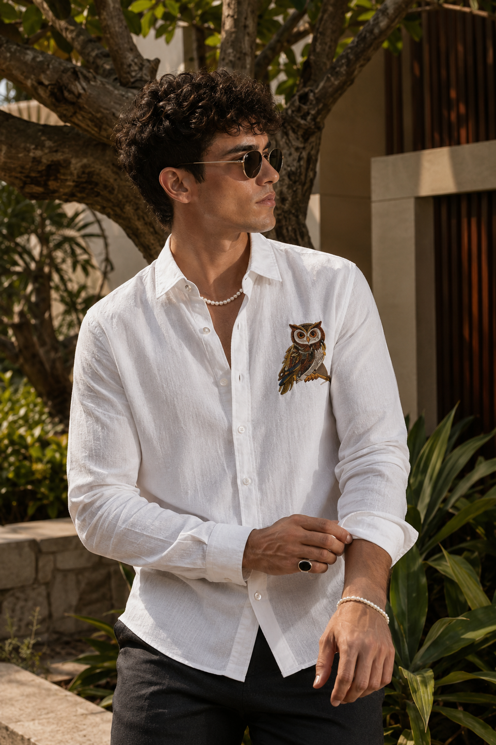 Goamen Royal Owl White Linen Shirt