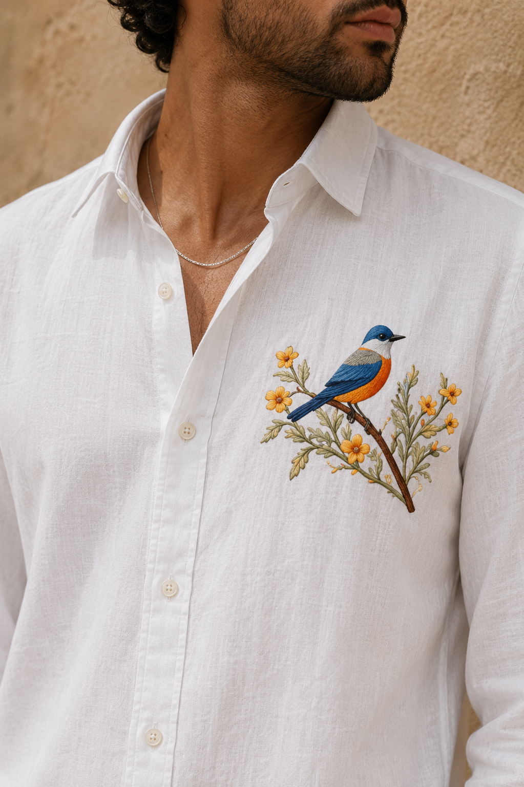 Goamen Blossom Bird White Linen Shirt