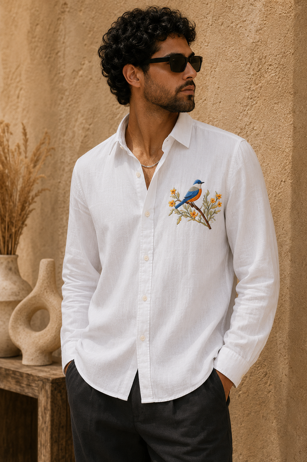 Goamen Blossom Bird White Linen Shirt