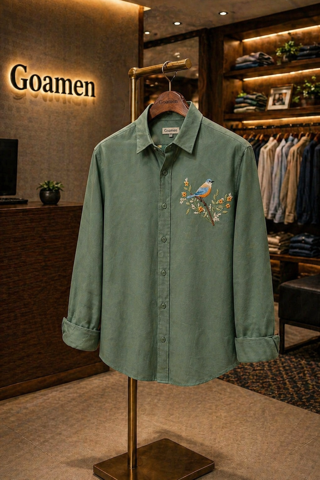 Riviera Woodland Bird Embroidered Shirt – Forest Green