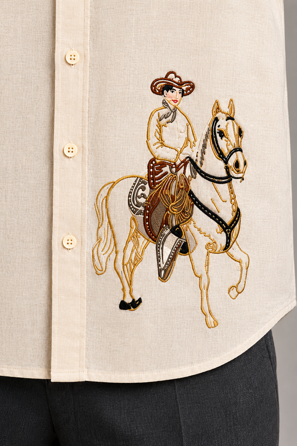 Goamen Heritage Beige Horse Rider Embroidered Linen Shirt