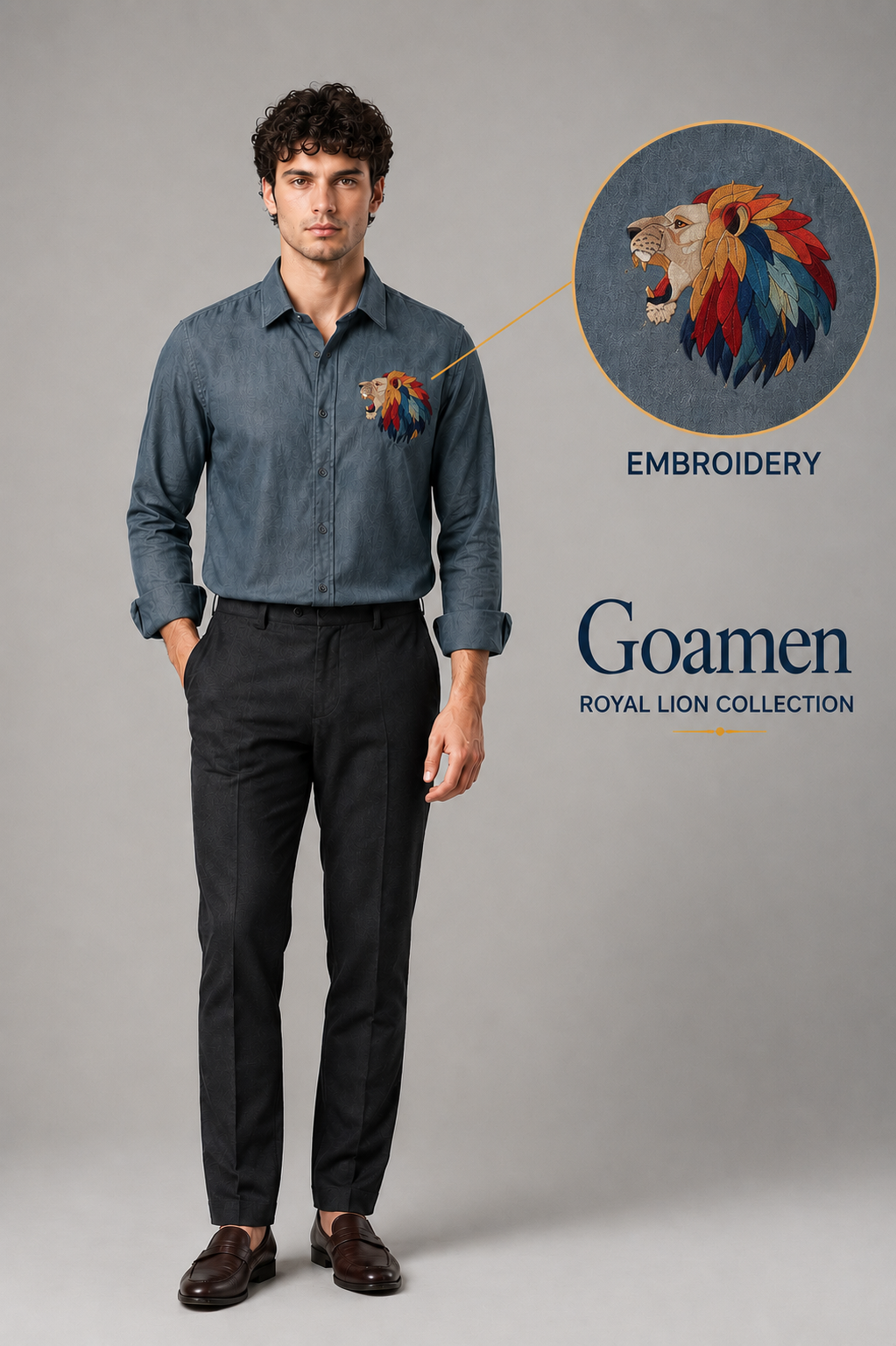 Riviera Royal Lion Embroidered Shirt – Slate Grey