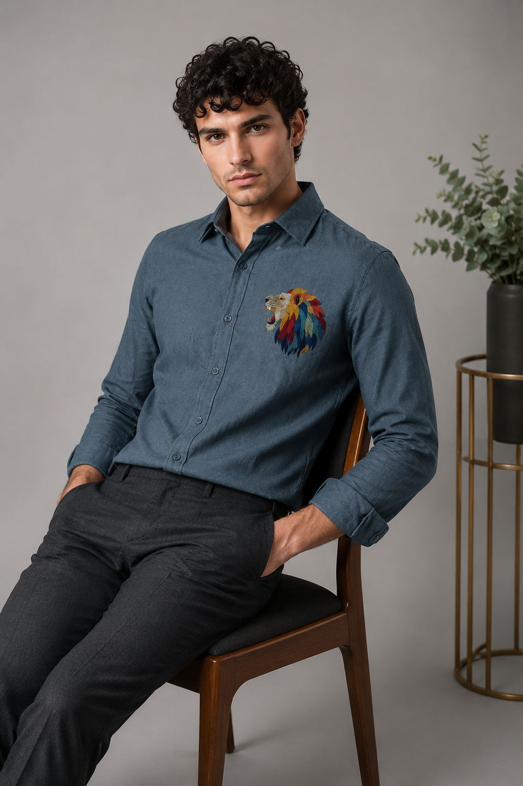 Riviera Royal Lion Embroidered Shirt – Slate Grey