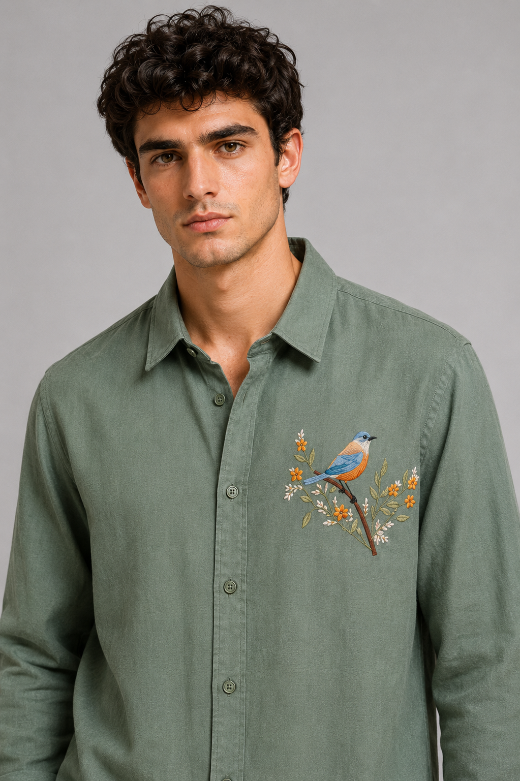 Riviera Woodland Bird Embroidered Shirt – Forest Green