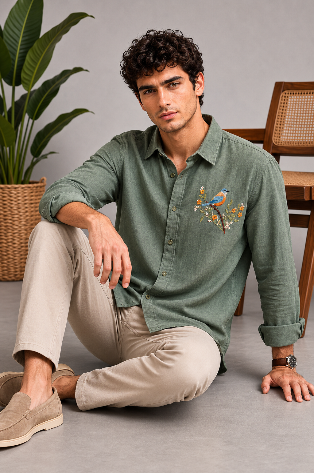 Riviera Woodland Bird Embroidered Shirt – Forest Green