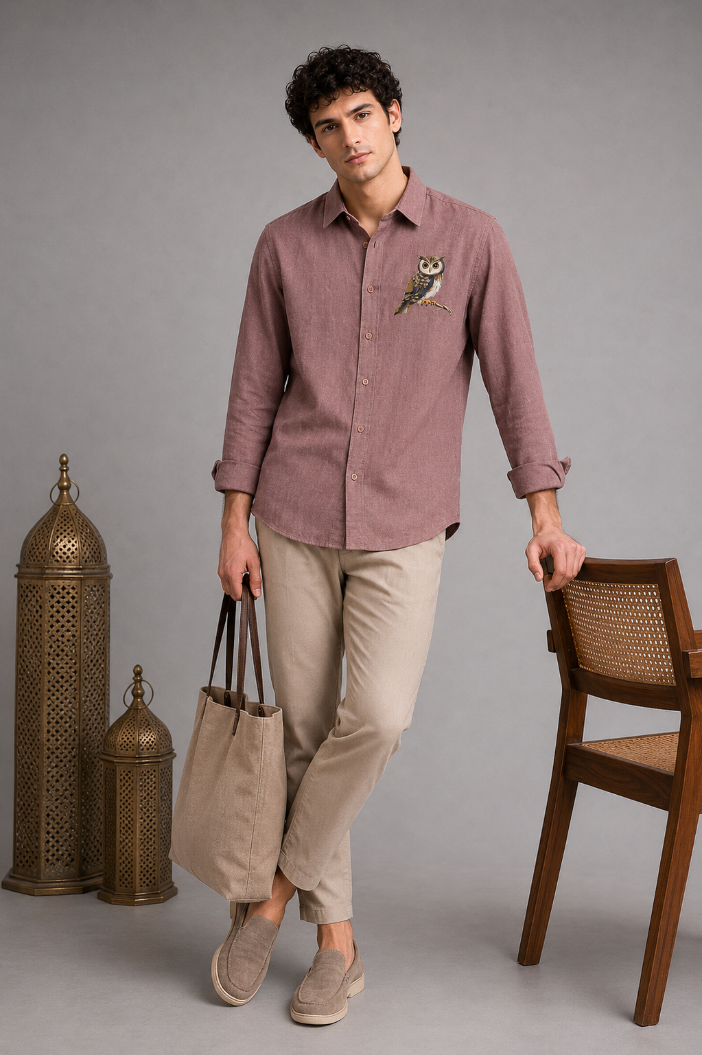 Night Crest Owl Embroidered Shirt – Rustic Brown