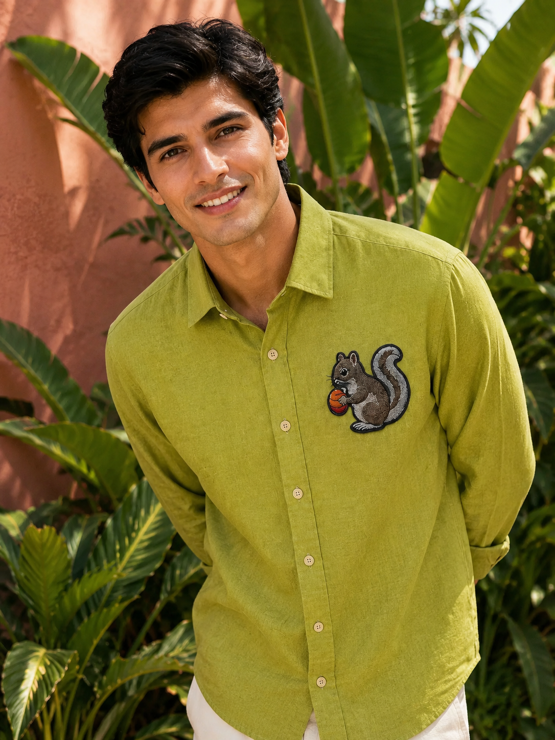Nutcrest Squirrel Embroidered Shirt – Lime Green