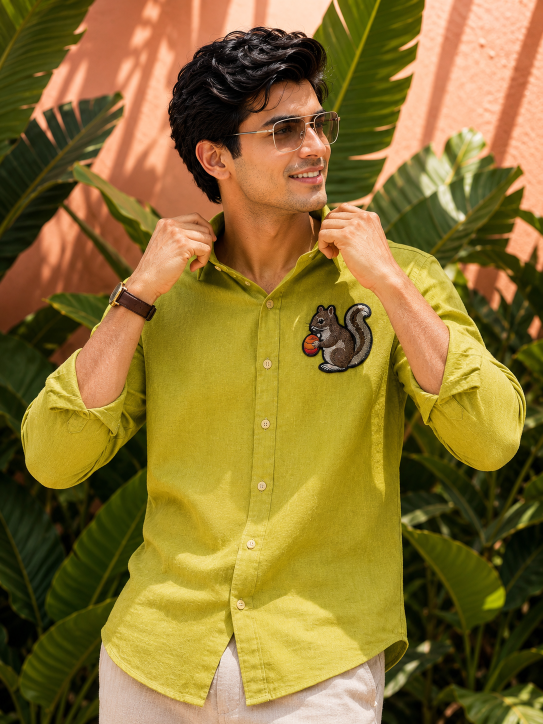 Nutcrest Squirrel Embroidered Shirt – Lime Green