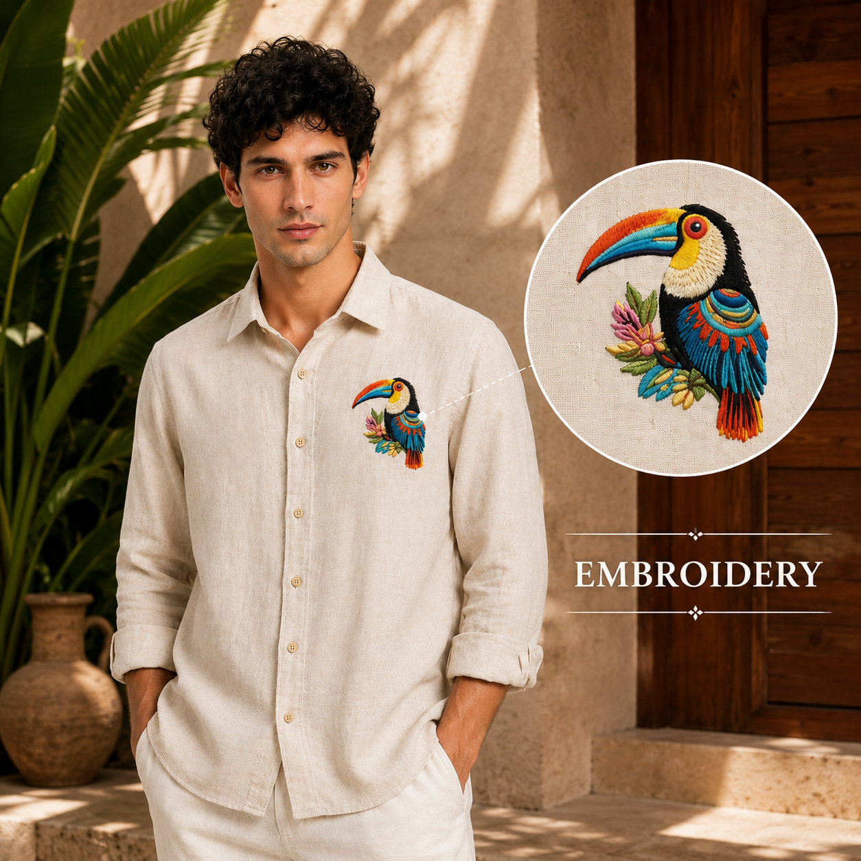 Tropical Toucan Embroidered Linen Shirt – Beige Edition