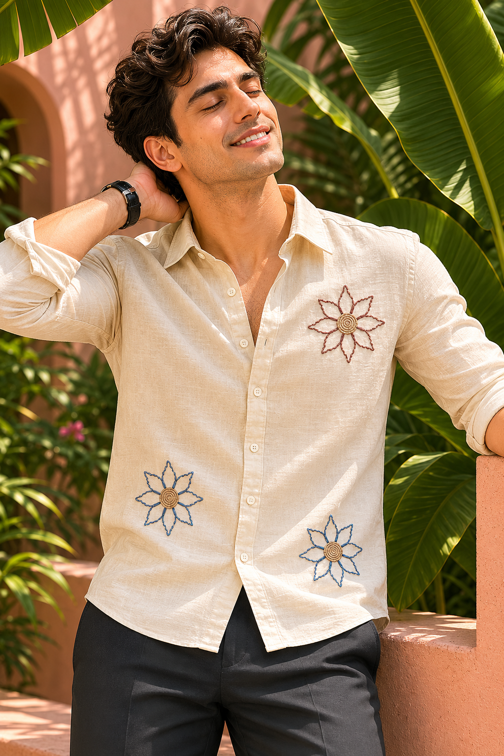 Goamen Premium Beige Floral Embroidered Linen Shirt