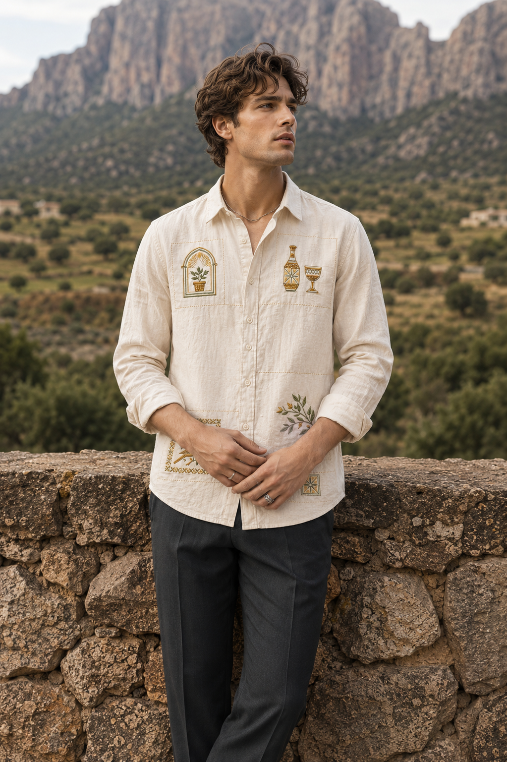 Goamen Heritage Beige Artistic Patch Embroidered Linen Shirt