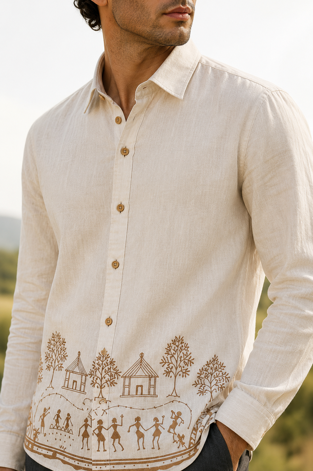 Goamen Heritage Beige Warli Art Printed Linen Shirt