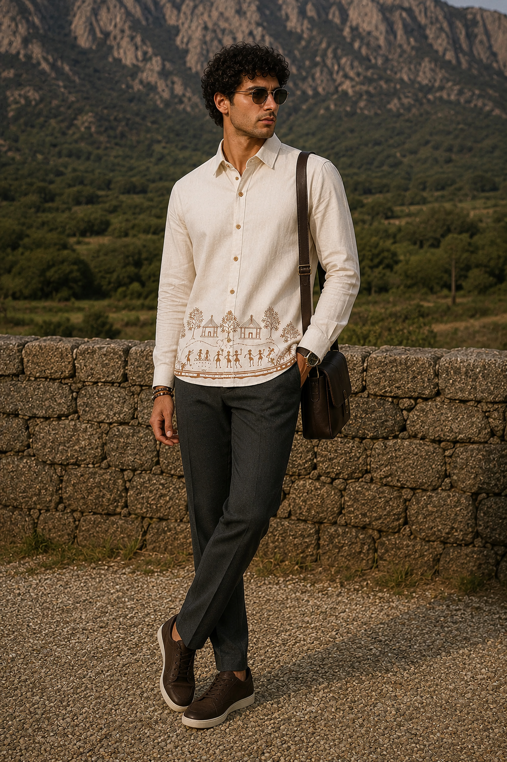 Goamen Heritage Beige Warli Art Printed Linen Shirt