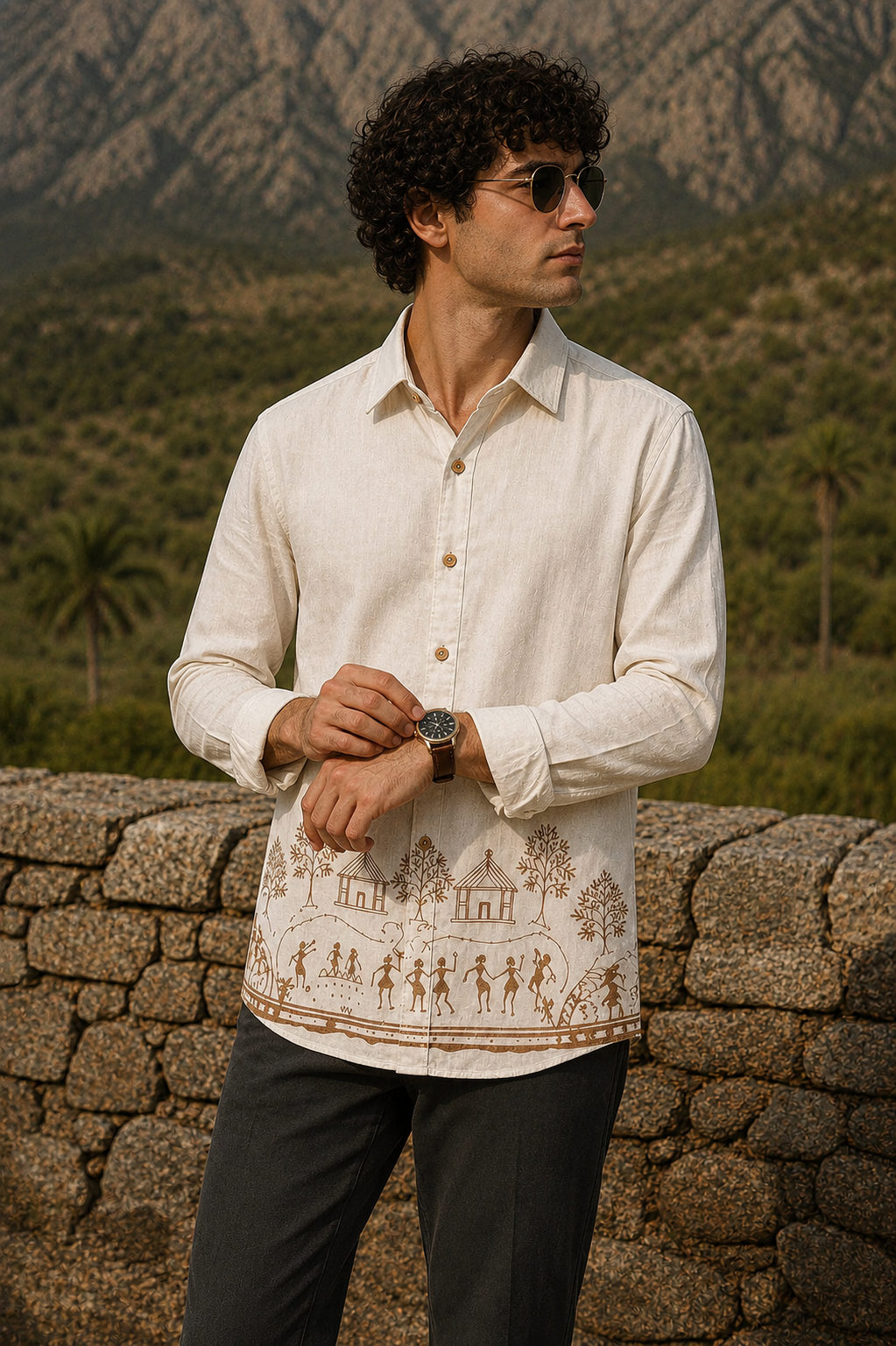Goamen Heritage Beige Warli Art Printed Linen Shirt