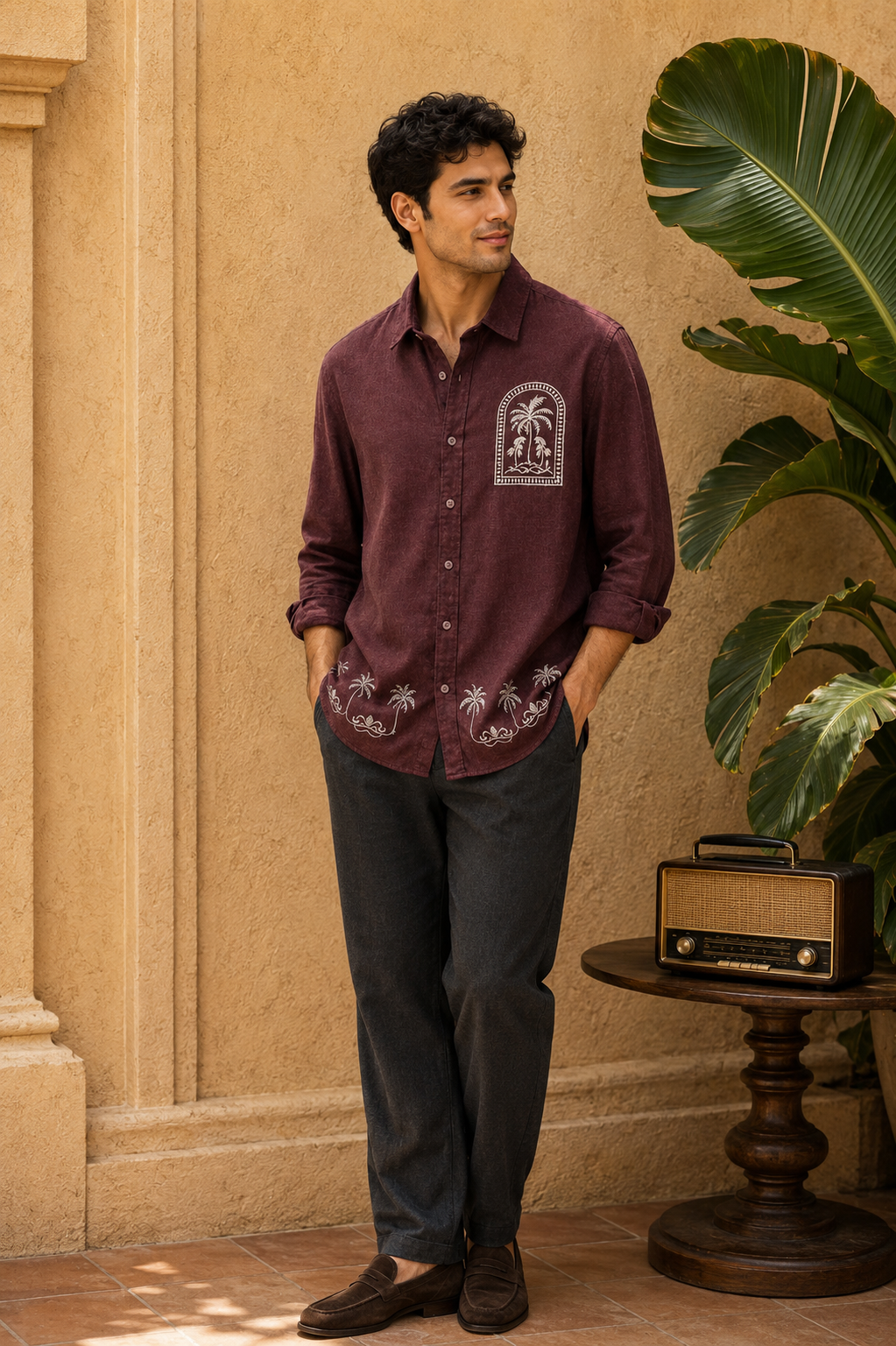 Goamen Premium Maroon Palm Tree Embroidered Linen Shirt