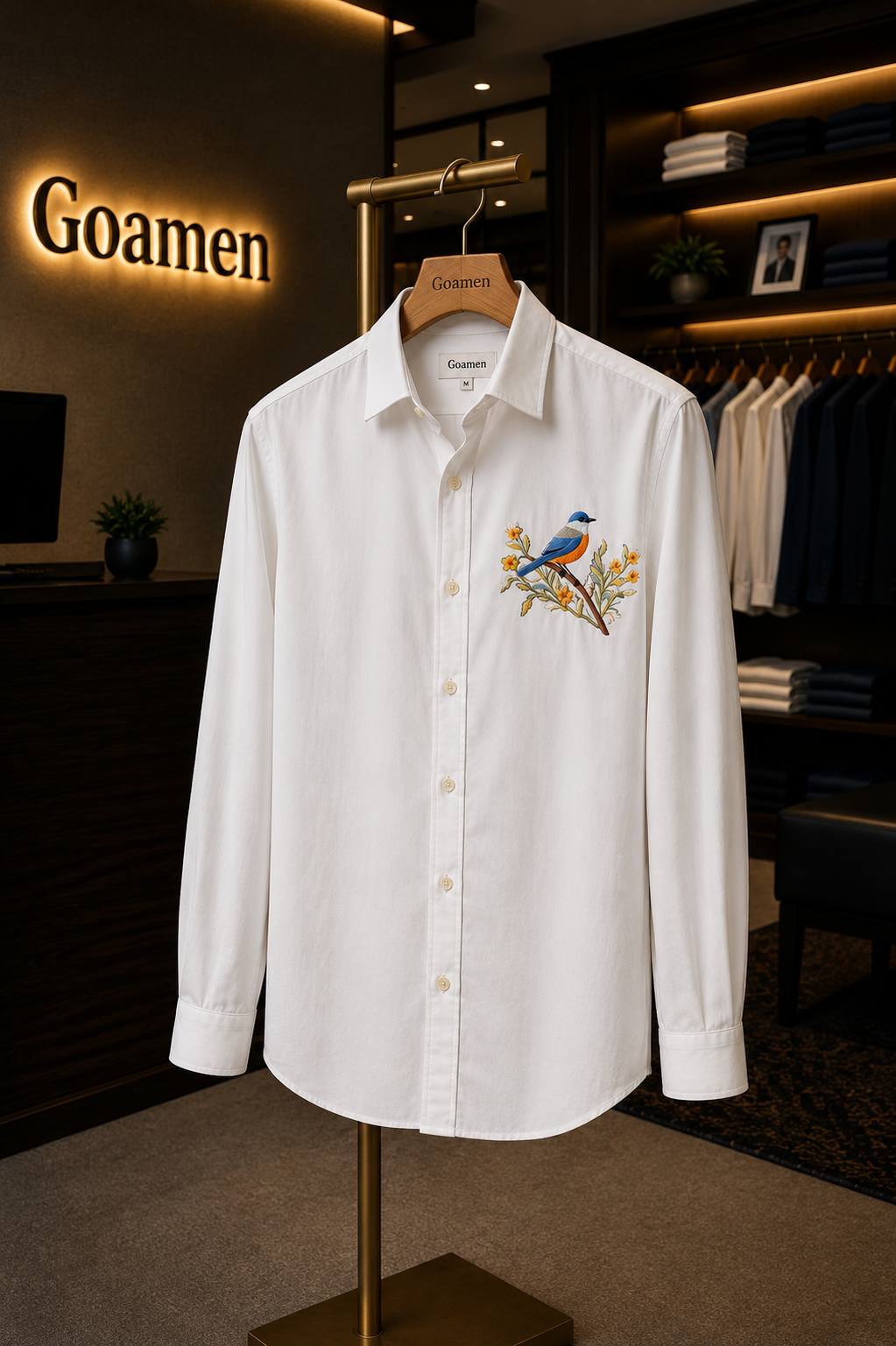 Goamen Blossom Bird White Linen Shirt