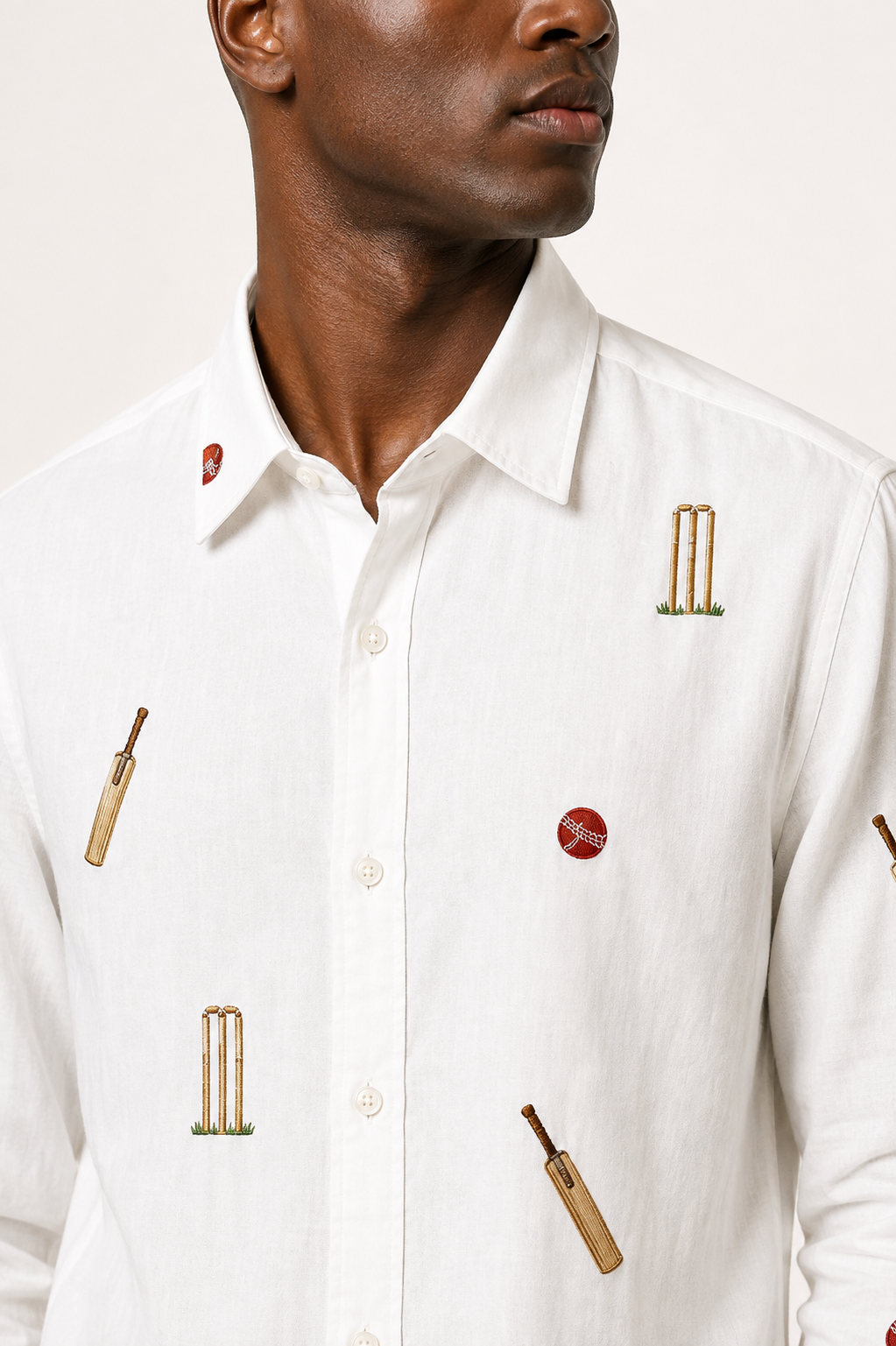 Men’s White Cricket Embroidered Full Sleeve Shirt