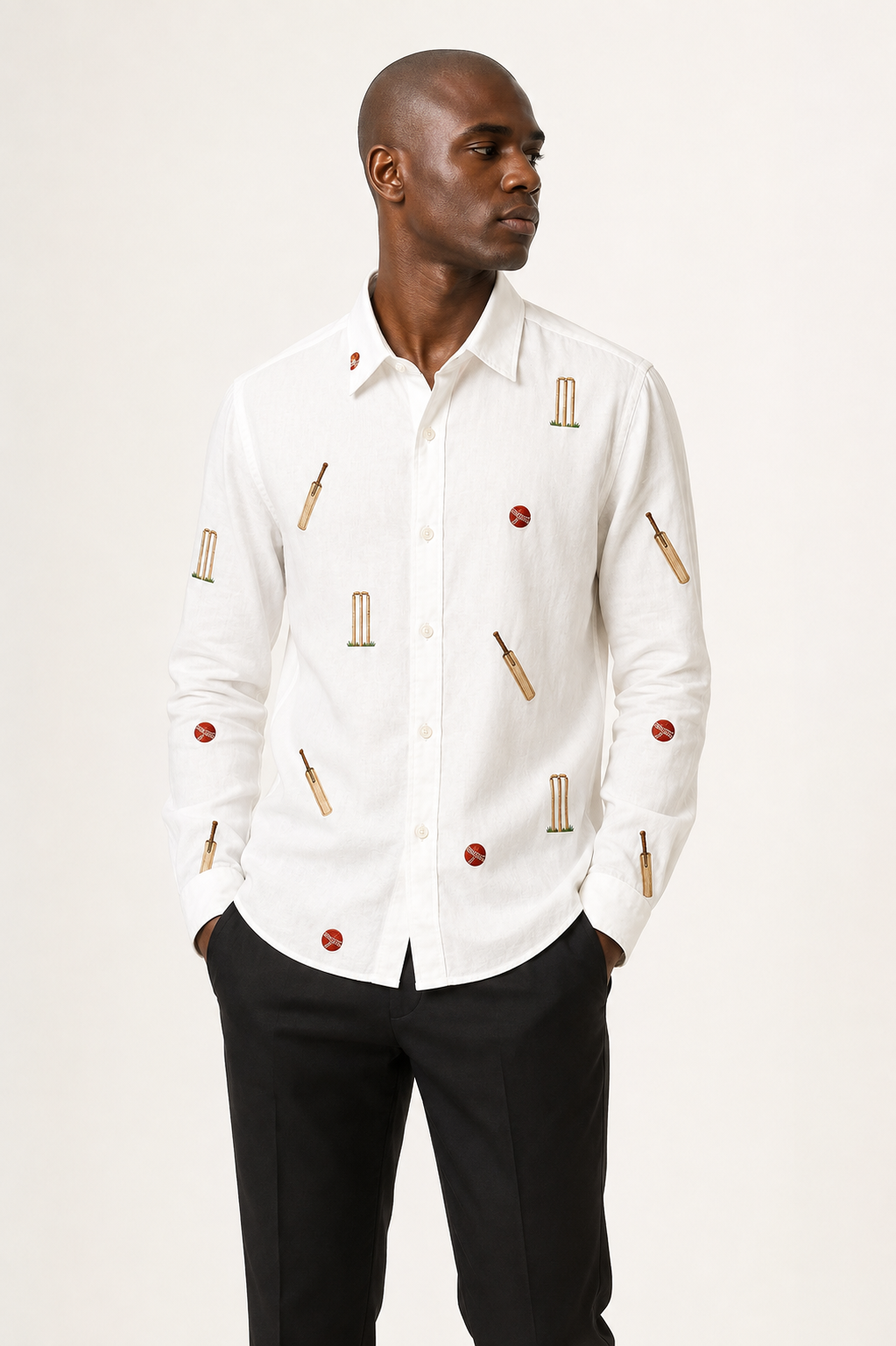Men’s White Cricket Embroidered Full Sleeve Shirt