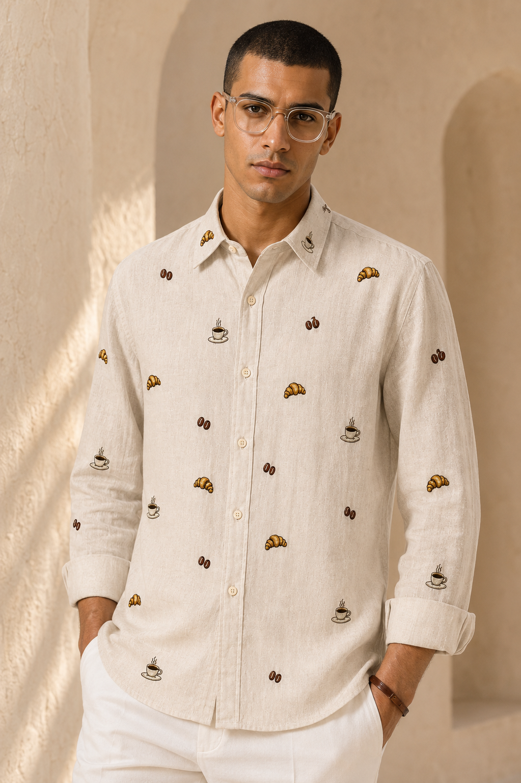 Men’s Cream Café Embroidered Full Sleeve Shirt