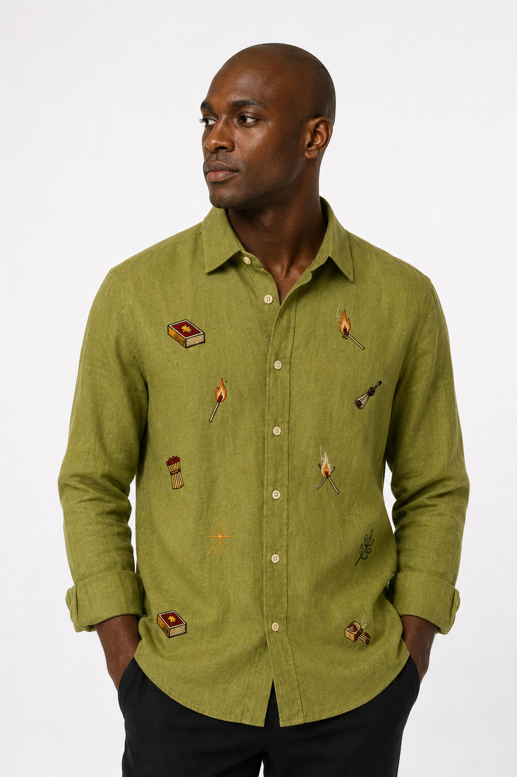 Men’s Olive Green Matchbox Embroidered Full Sleeve Shirt