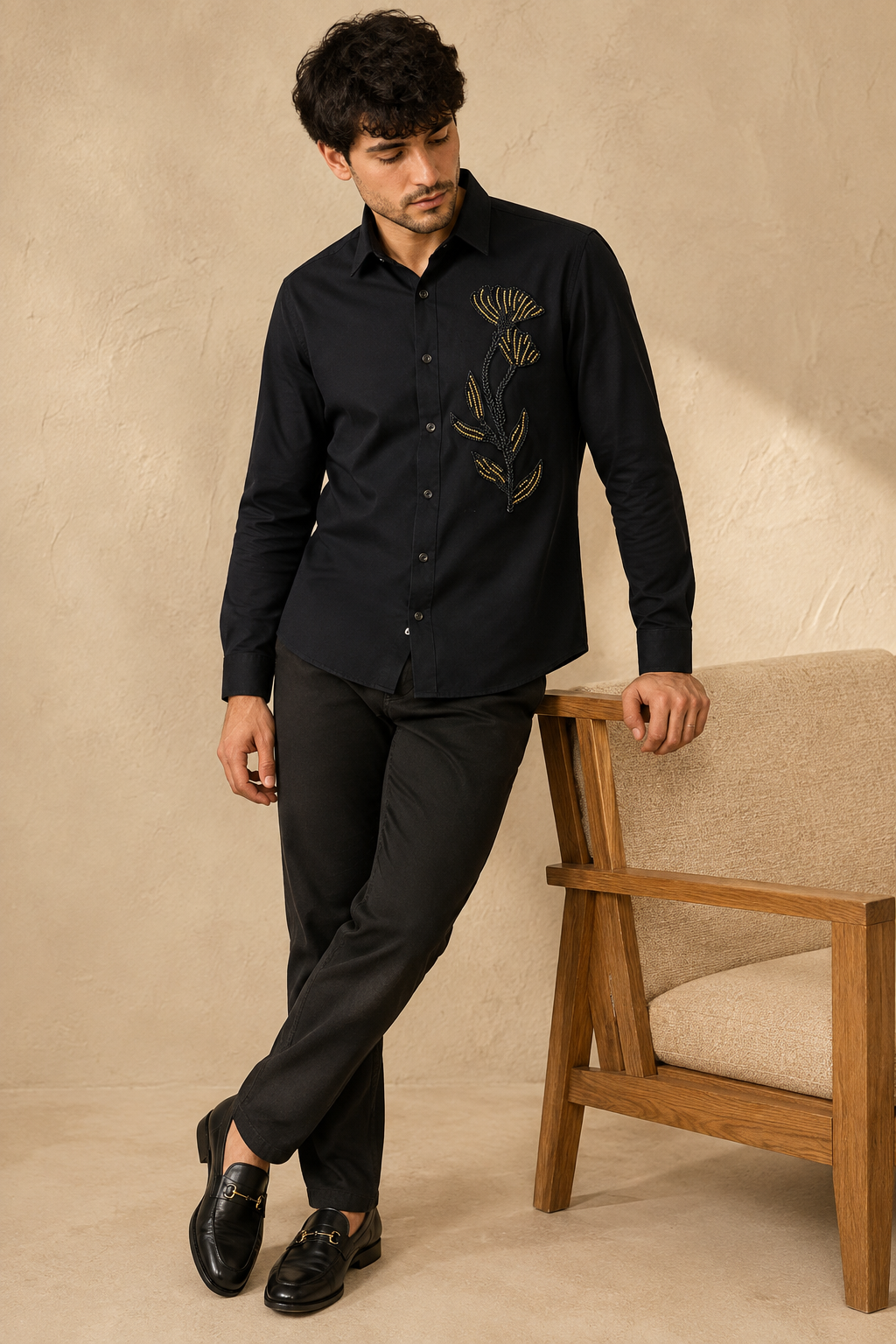 Men’s Black Floral Stem Beads Work Full Sleeve Shirt
