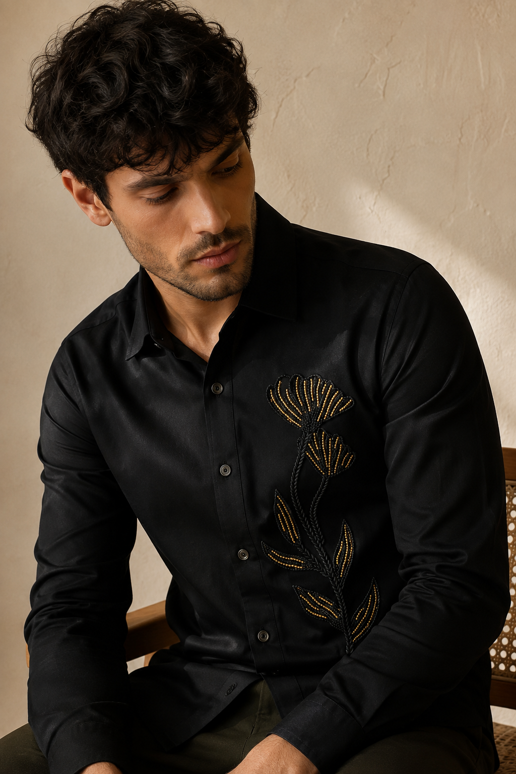 Men’s Black Floral Stem Beads Work Full Sleeve Shirt