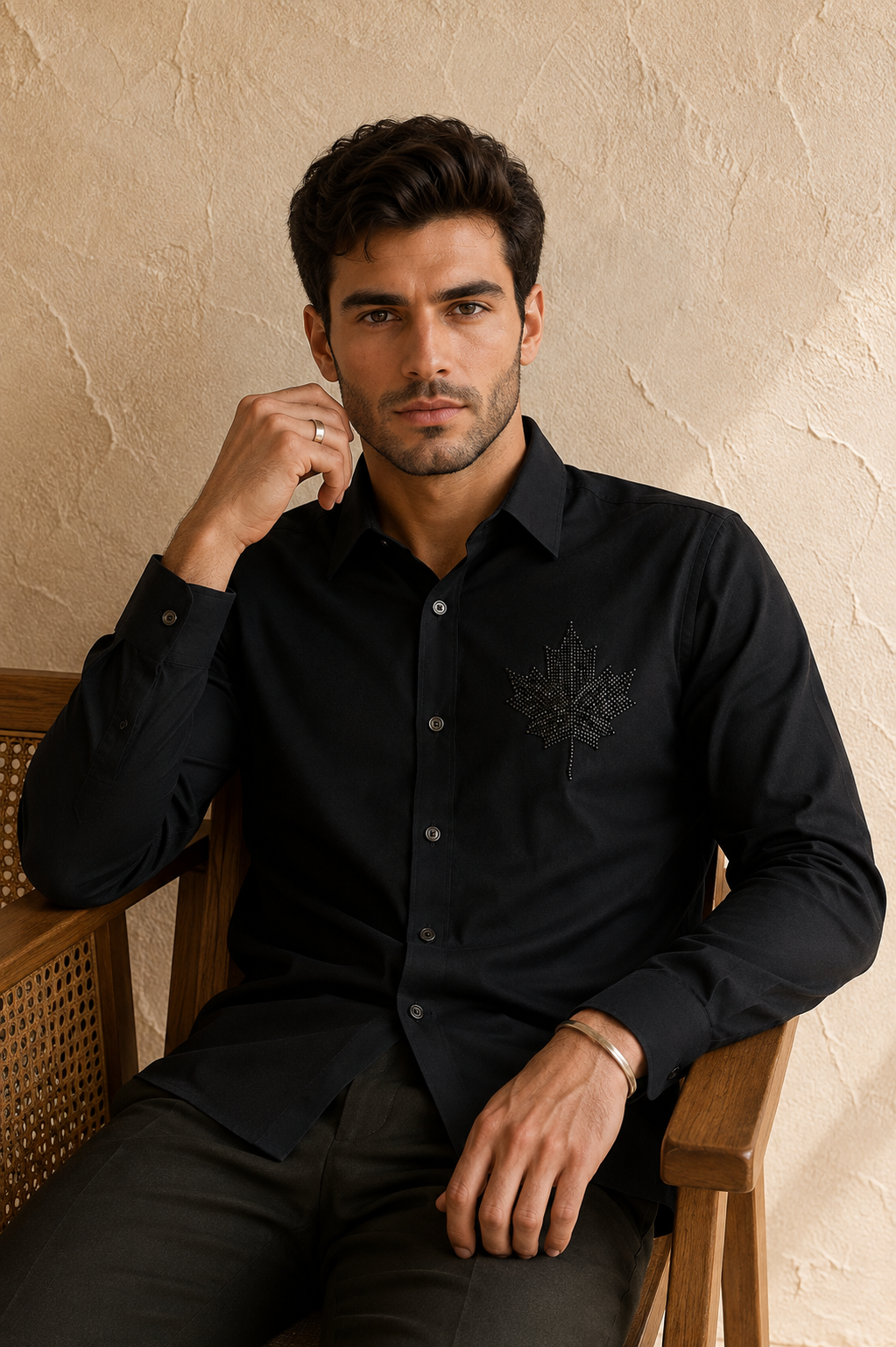 Men’s Black Maple Leaf Beads Work Full Sleeve Shirt