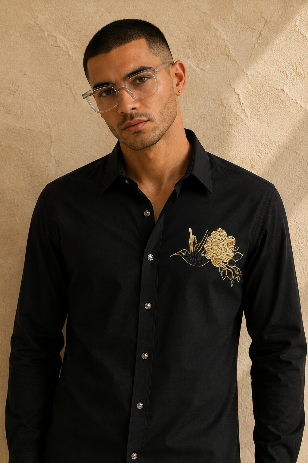 Men’s Black Rose Beads Work Full Sleeve Shirt