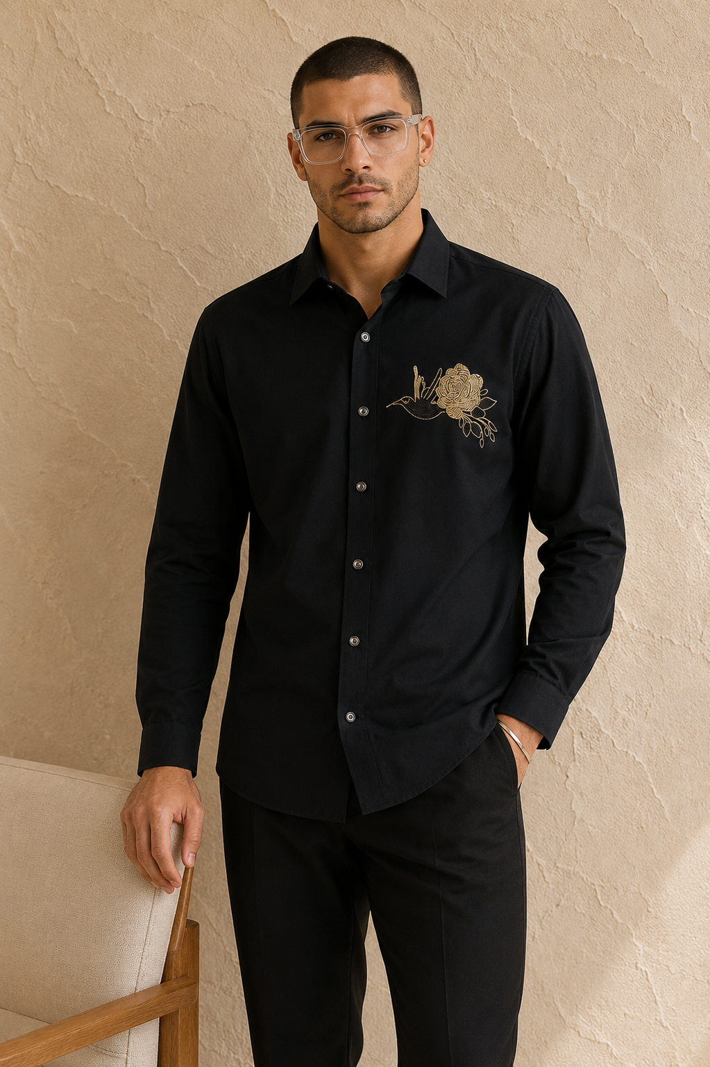 Men’s Black Rose Beads Work Full Sleeve Shirt