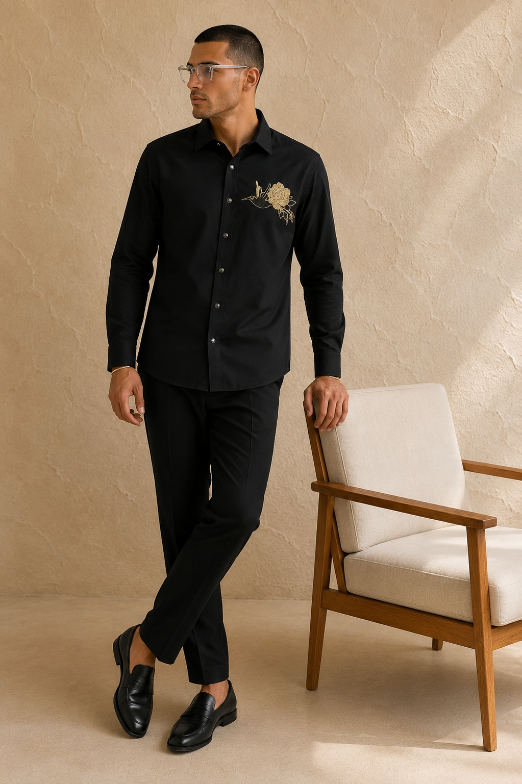 Men’s Black Rose Beads Work Full Sleeve Shirt