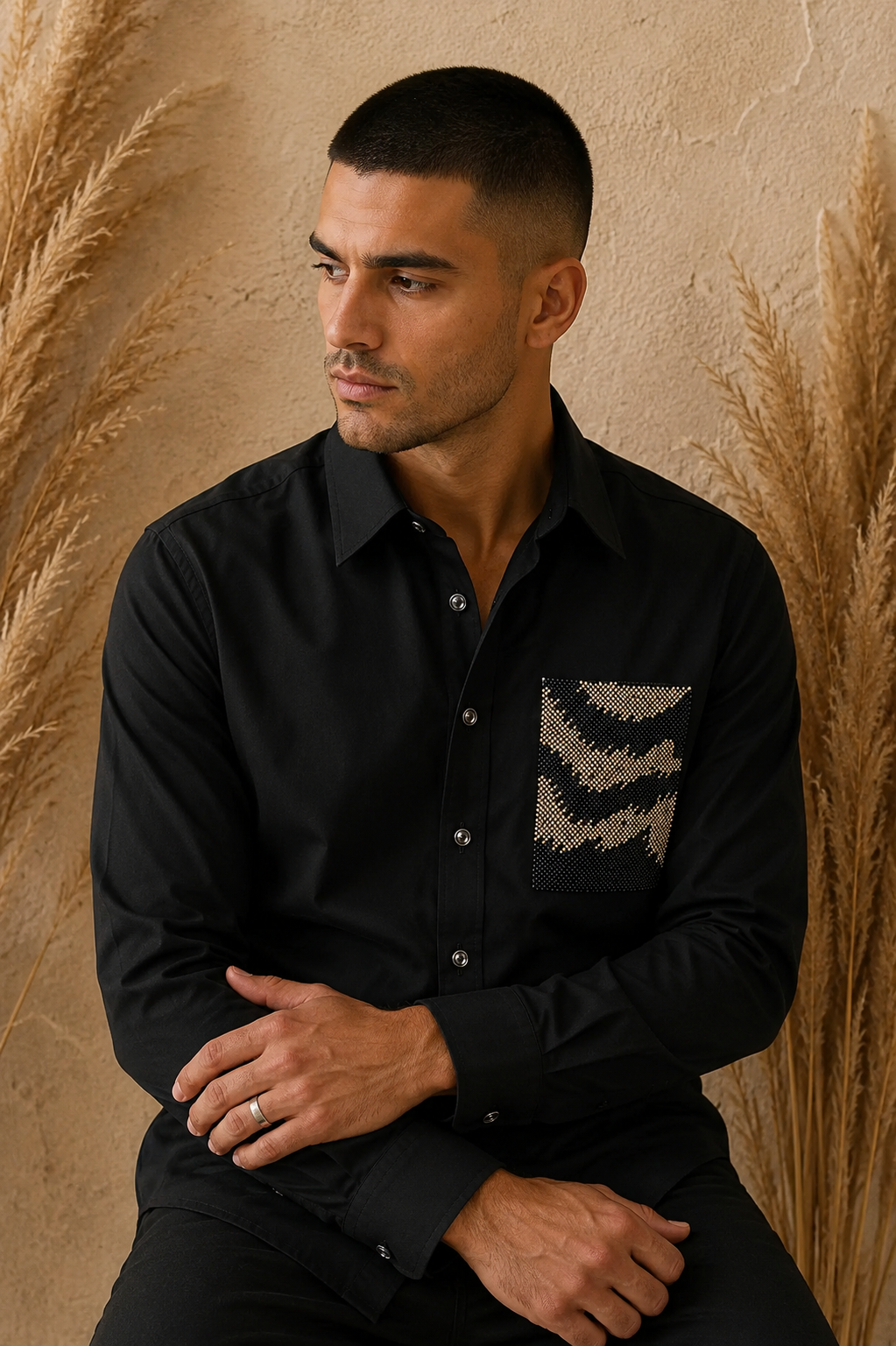 Men’s Black Abstract Patch Beads Work Full Sleeve Shirt