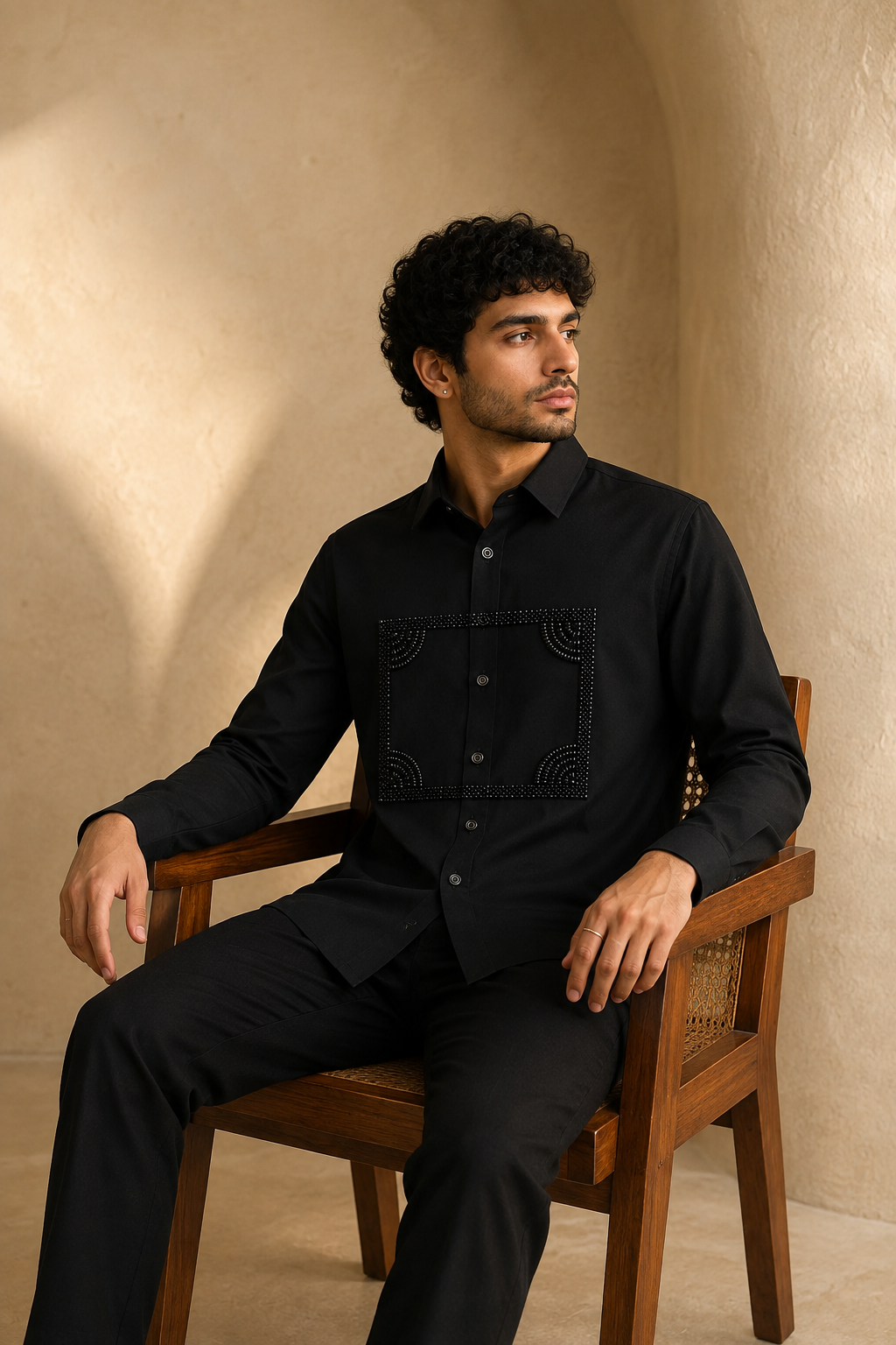 Men’s Black Geometric Beads Work Full Sleeve Shirt