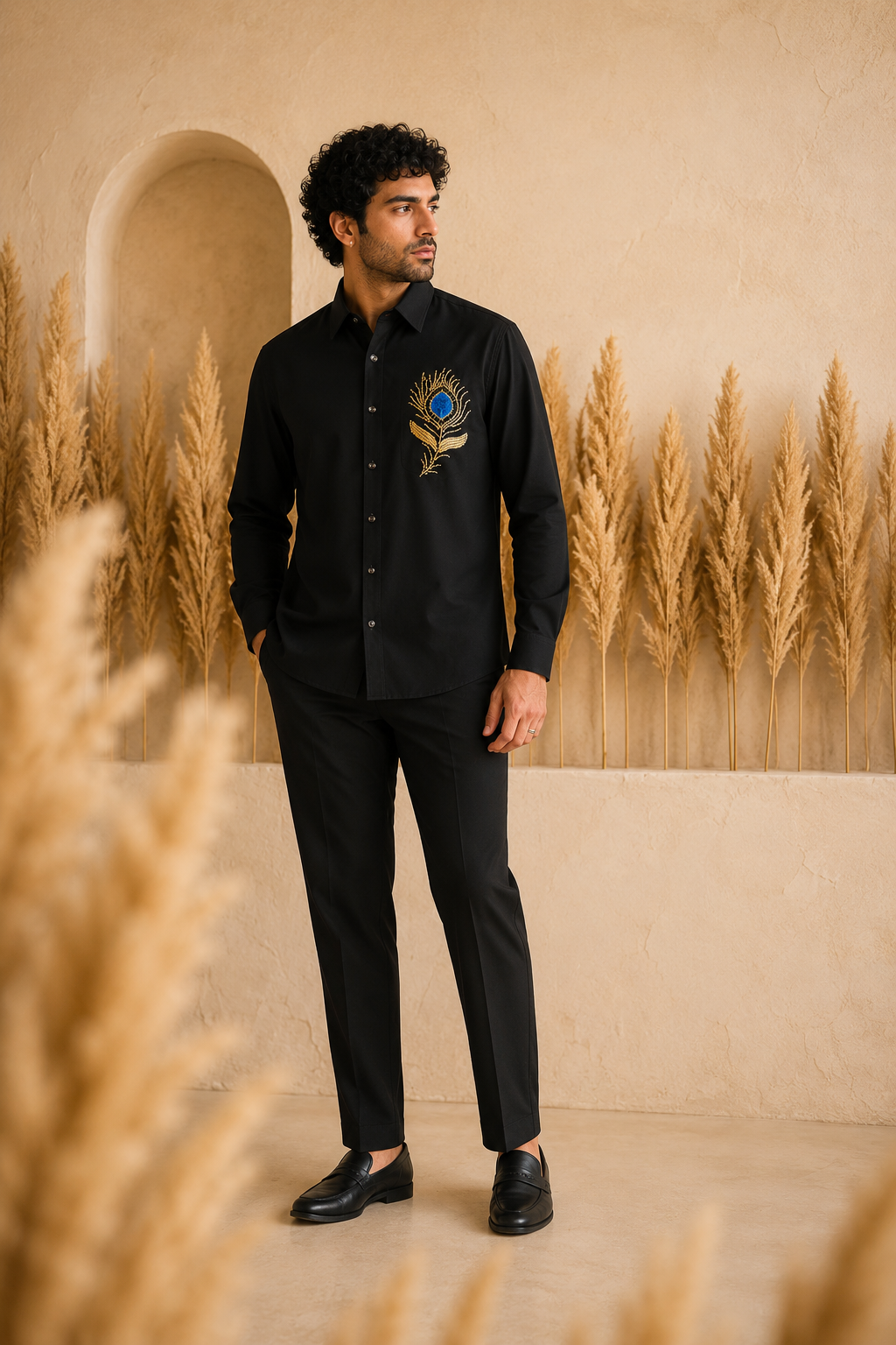 Men’s Black Peacock Feather Beads Work Full Sleeve Shirt