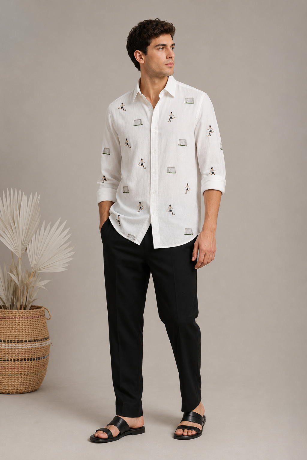 Men’s White Football Embroidered Full Sleeve Shirt
