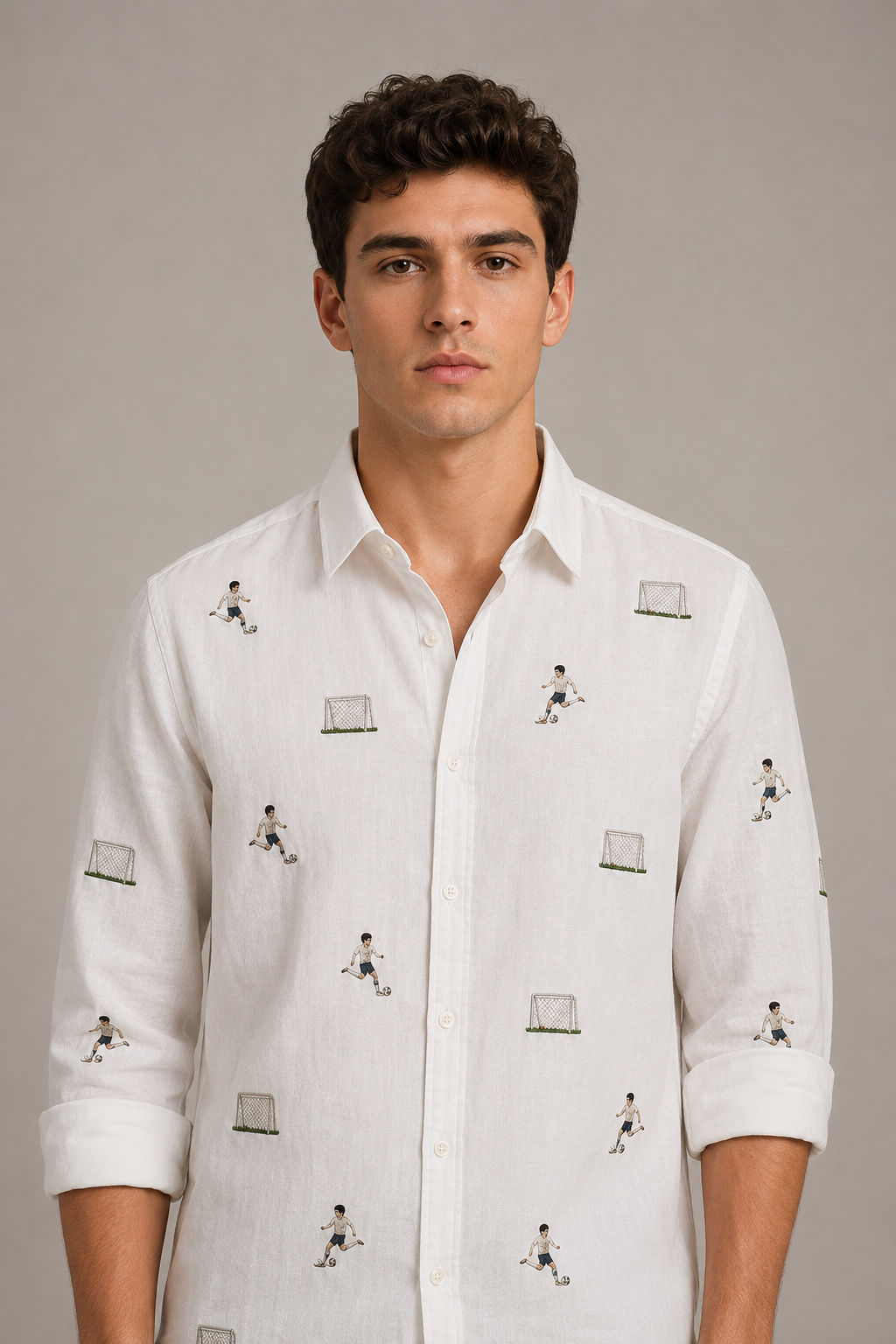 Men’s White Football Embroidered Full Sleeve Shirt