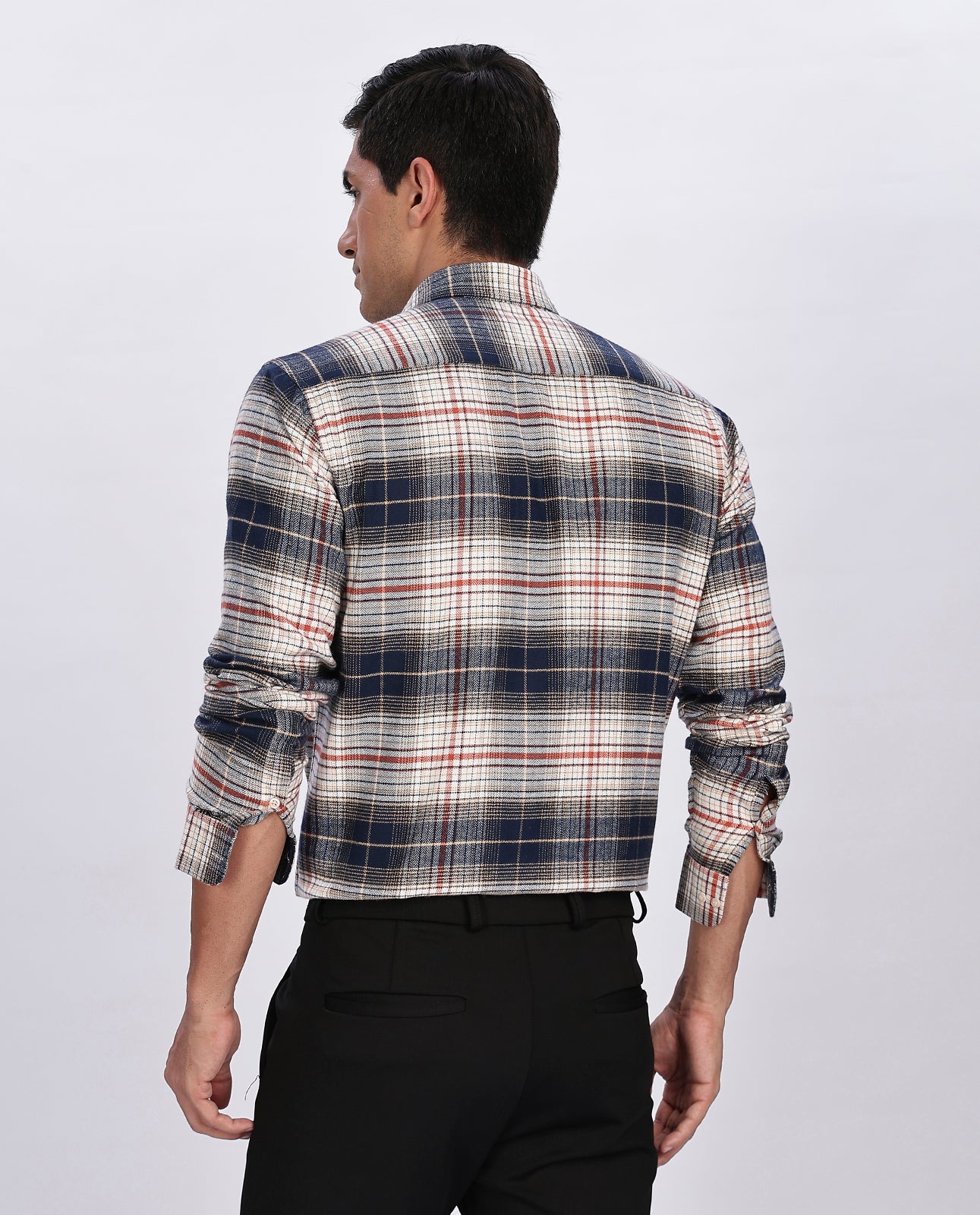 Men's Navy Blue Brushed Checks Regular Fit Shirt - Goamen