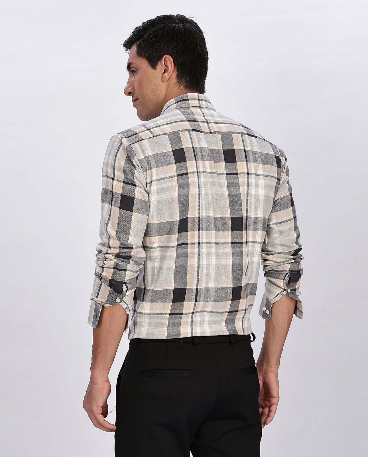 Men's Light Gray Brushed Checks Regular Fit Shirt - Goamen