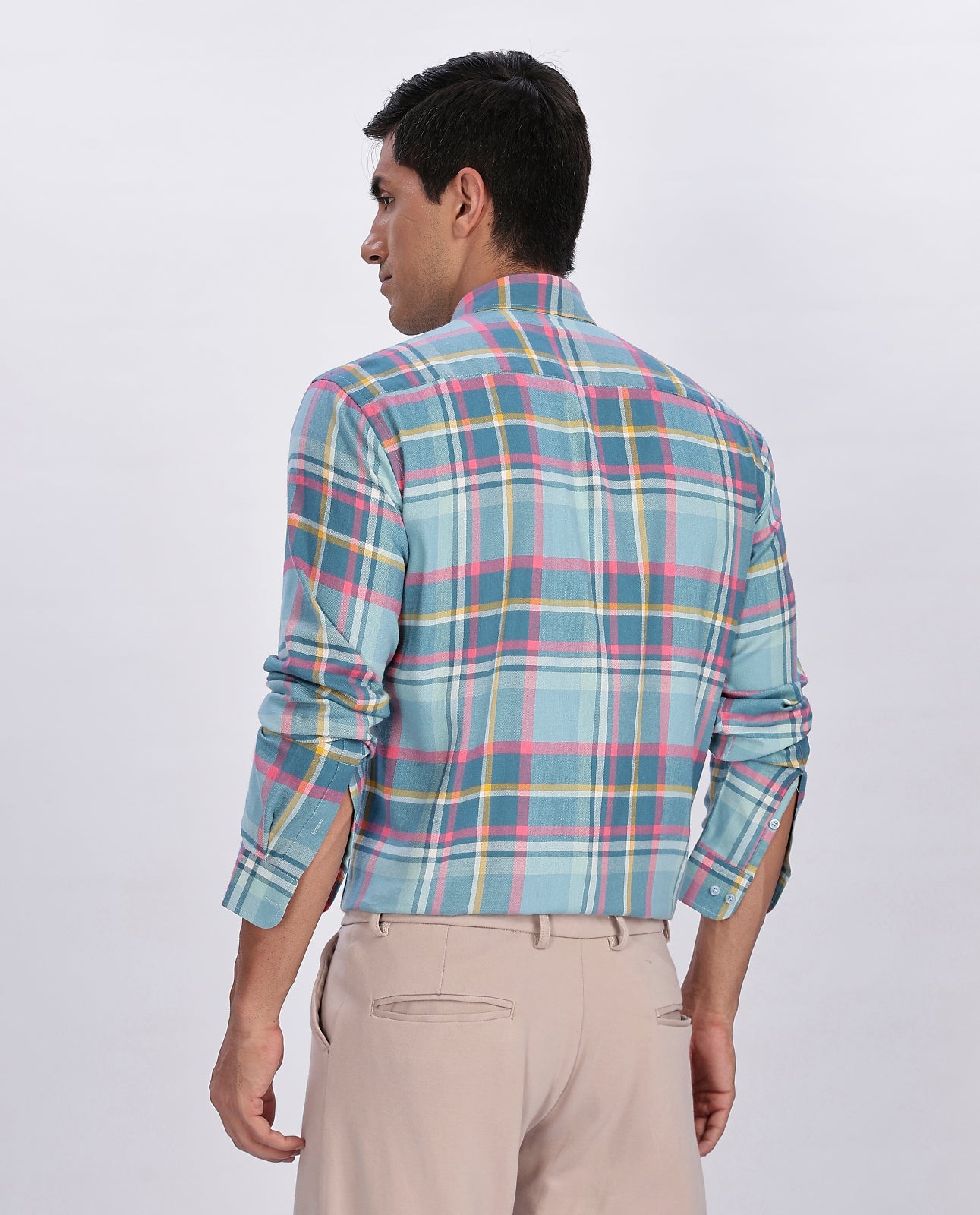 Men's Sky Blue Brushed Checks Regular Fit Shirt - Goamen