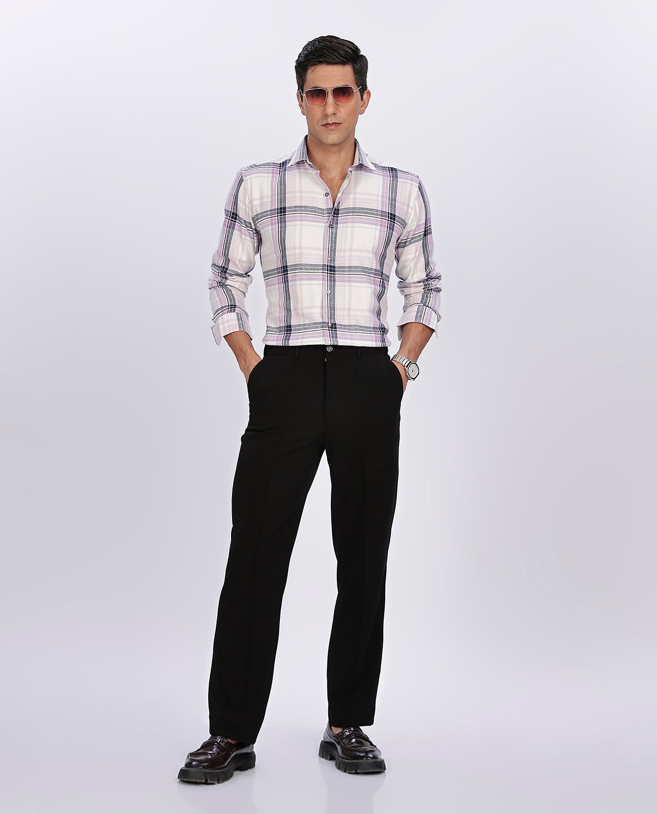 Men's White Brushed Checks Regular Fit Shirt - Goamen