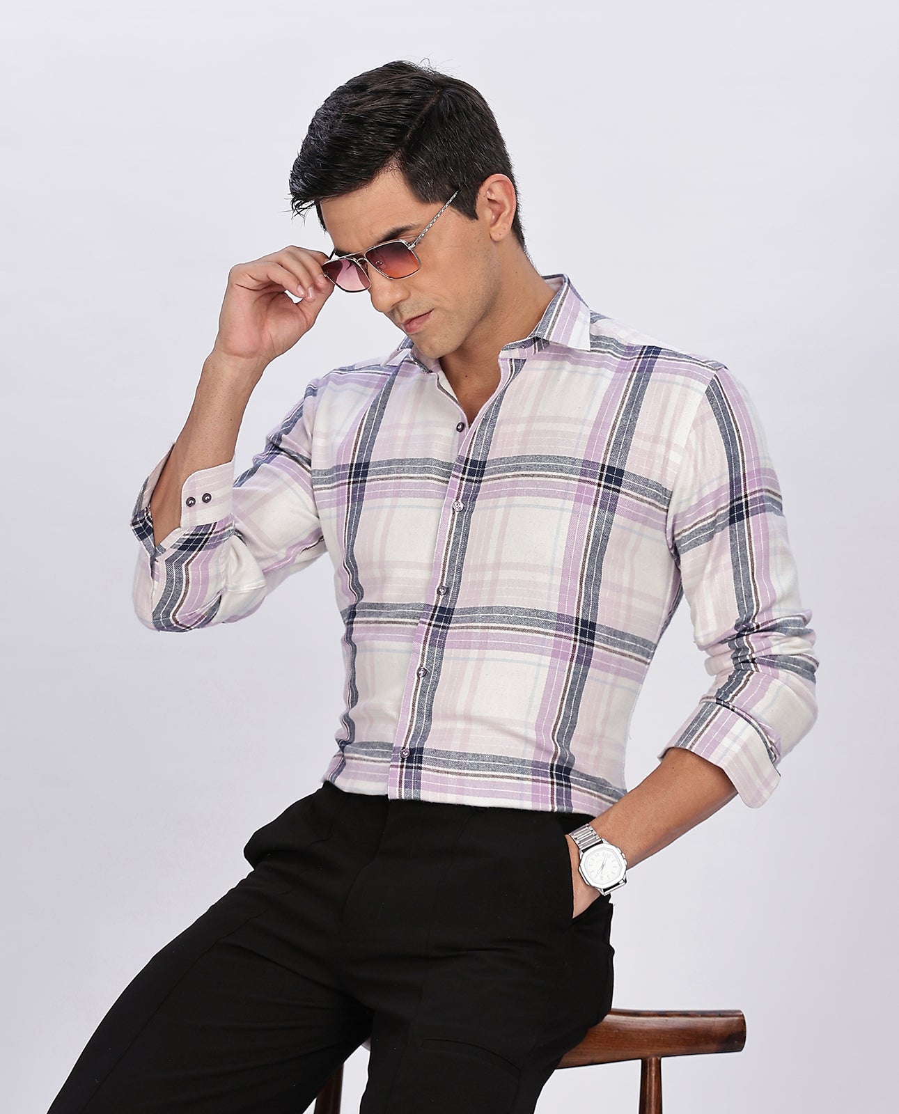 Men's White Brushed Checks Regular Fit Shirt - Goamen