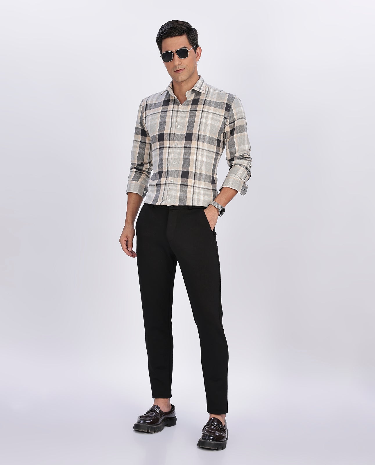 Men's Light Gray Brushed Checks Regular Fit Shirt - Goamen