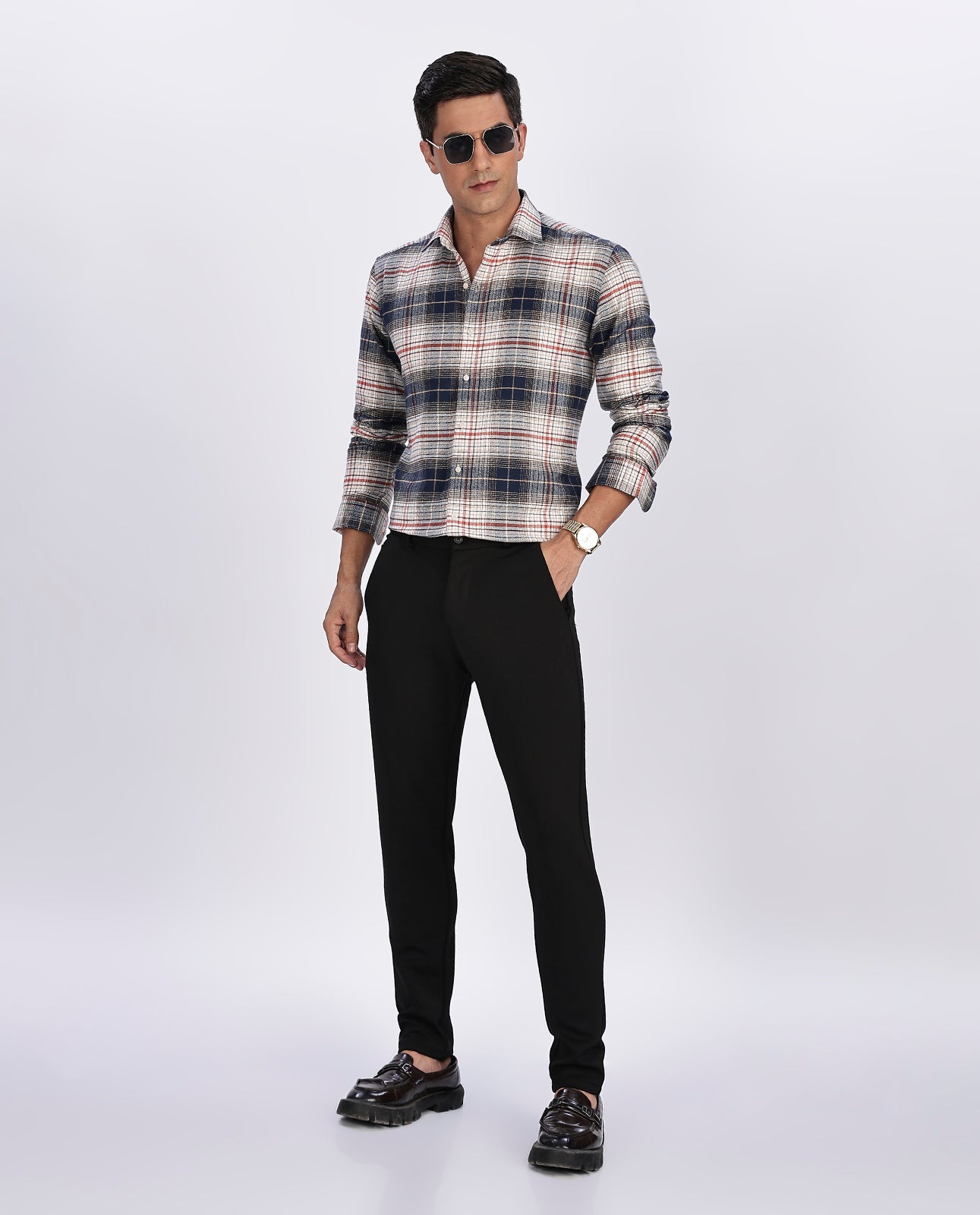 Men's Navy Blue Brushed Checks Regular Fit Shirt - Goamen