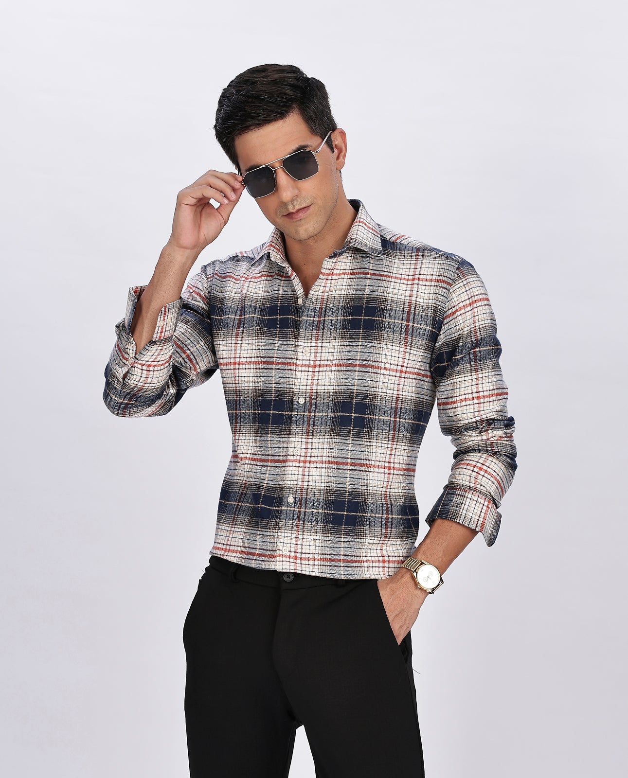 Men's Navy Blue Brushed Checks Regular Fit Shirt - Goamen
