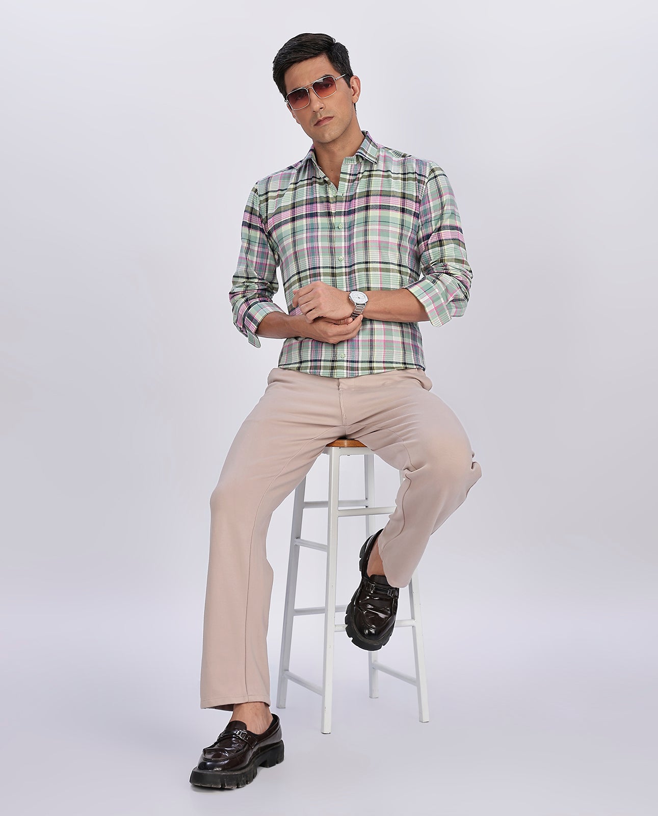 Men's Pink Brushed Checks Regular Fit Shirt - Goamen