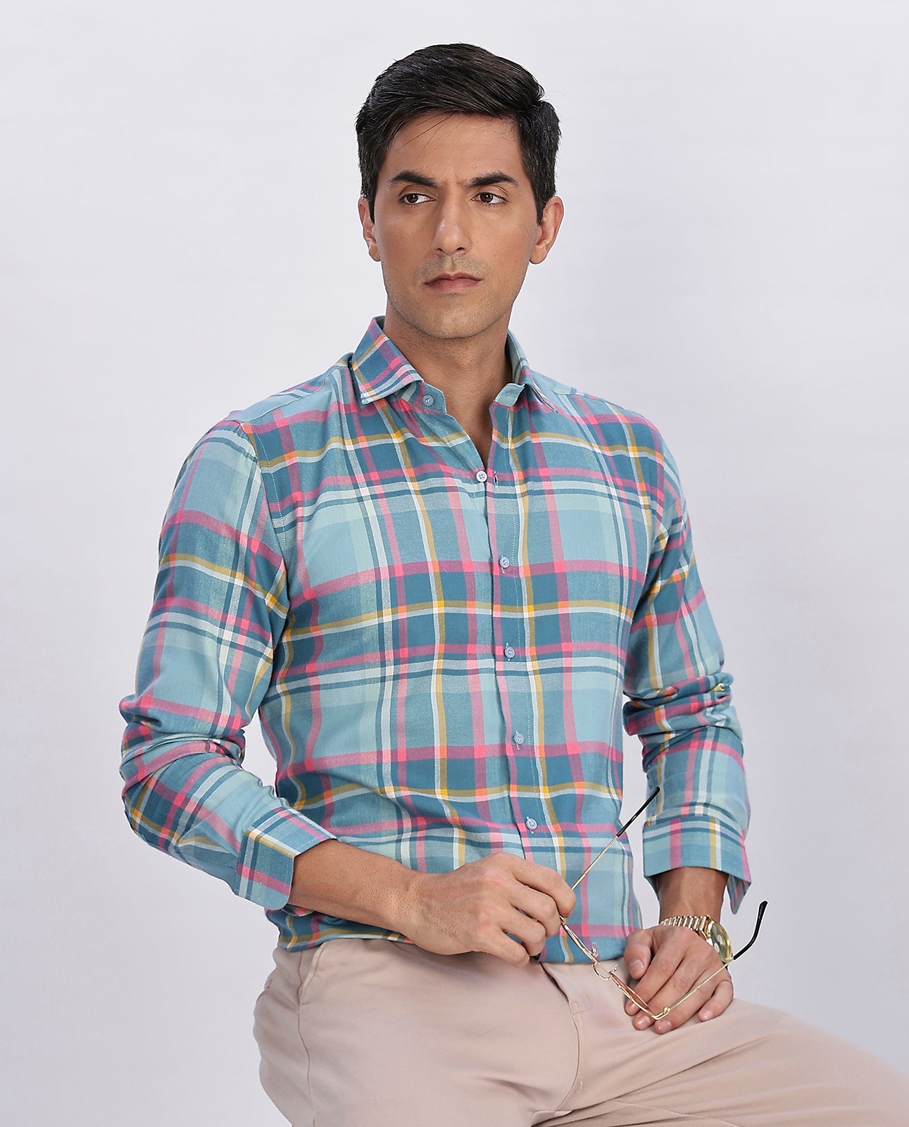 Men's Sky Blue Brushed Checks Regular Fit Shirt - Goamen