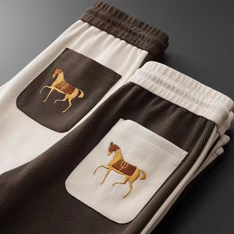 Men’s White Contrast Lounge Pants with Horse Embroidery